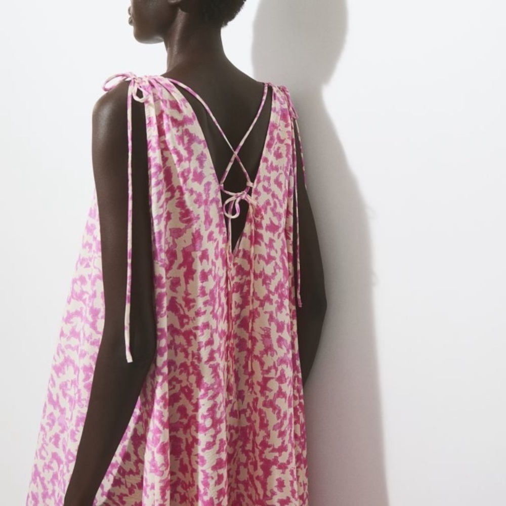 h&m tie detailed crepe v neck Maxi dress Pink Cream Loose Fit S/M - Picture 3 of 14